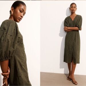 H&M Broderie Anglaise 100% Cotton Dress Olive Green Eyelet Midi Dress Medium